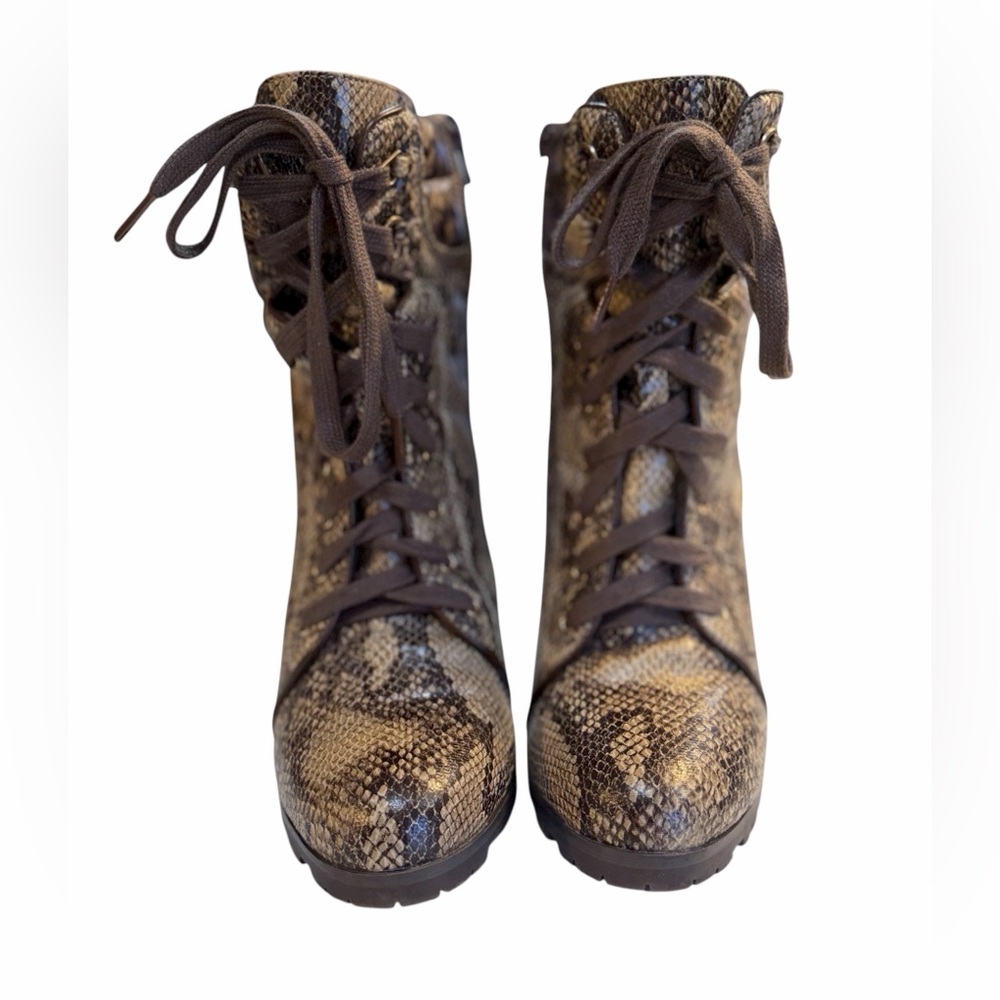 JustFab Brown Faux SnakeSkin 4” Chunky-heeled combat-style boots 4” Size 7.5 - Picture 6 of 12